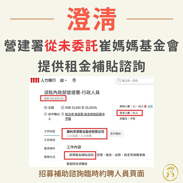 崔媽媽基金會澄清營建署從未委託該基金會提供租金補貼諮詢